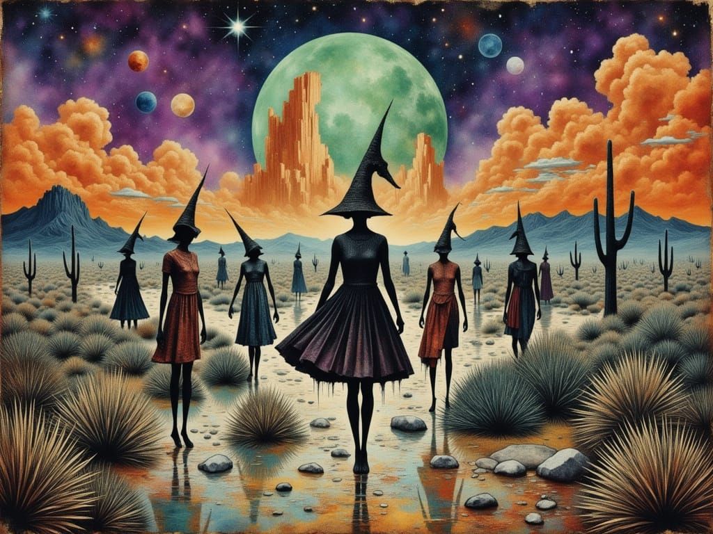 Surreal Desert Dance with Purple Sky