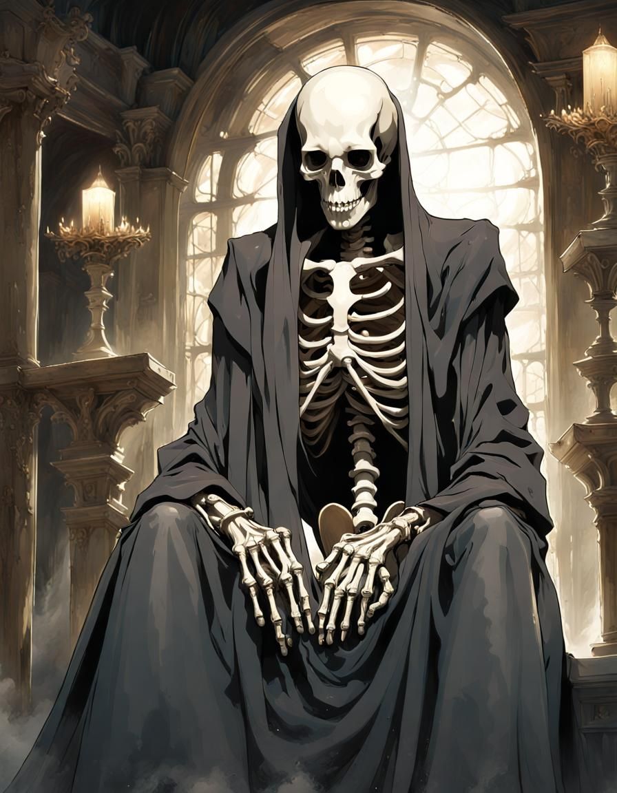 Skeleton in Black Robes in Paris Catacombs