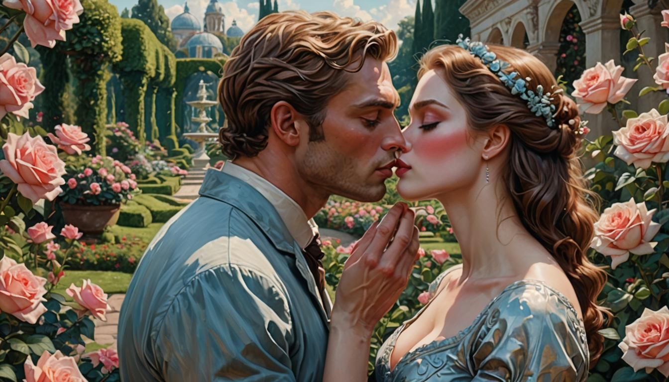 Kissing Couple in Rose Garden: Matte Painting