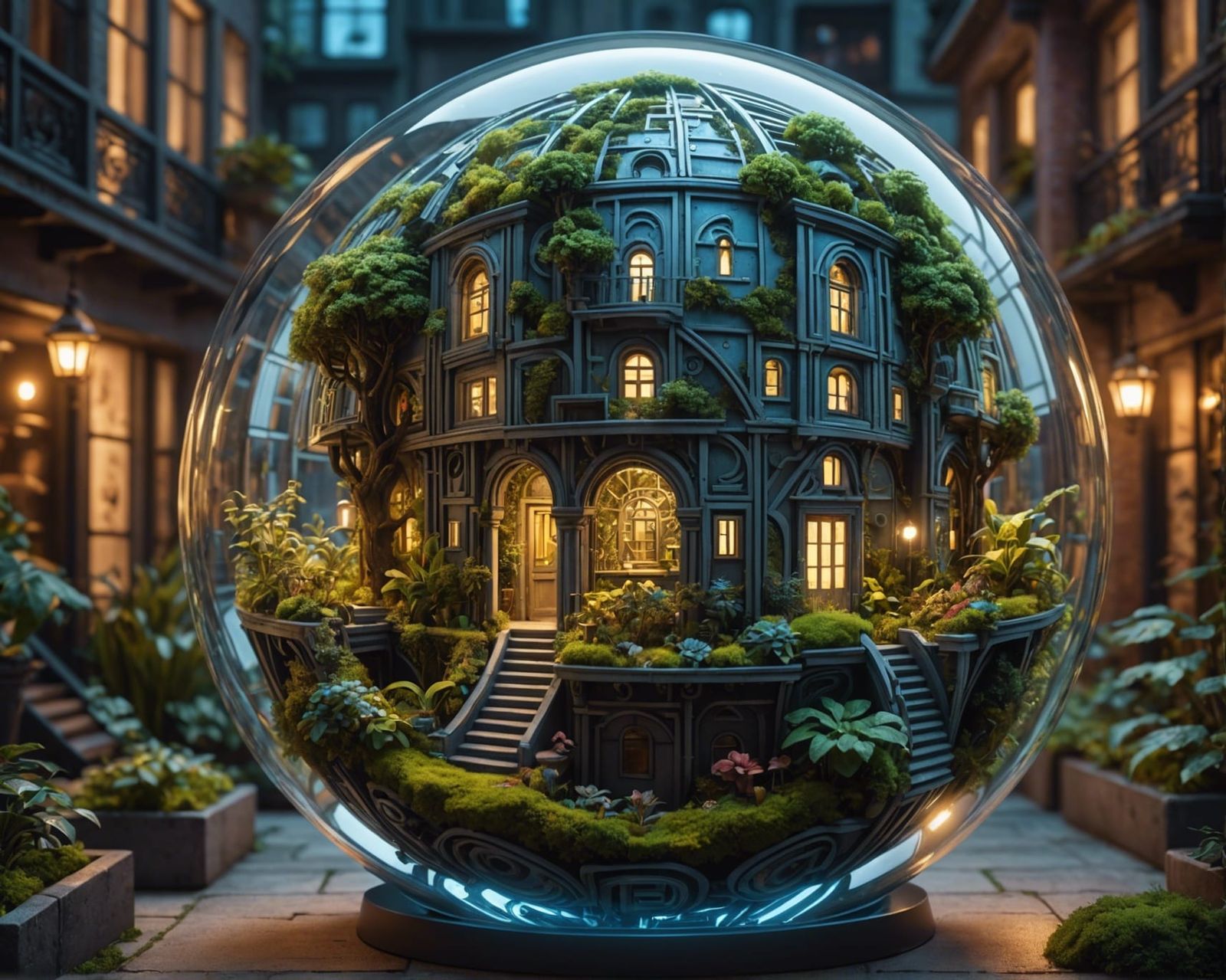Surreal Cyberpunk Maze Garden in Glass Sphere