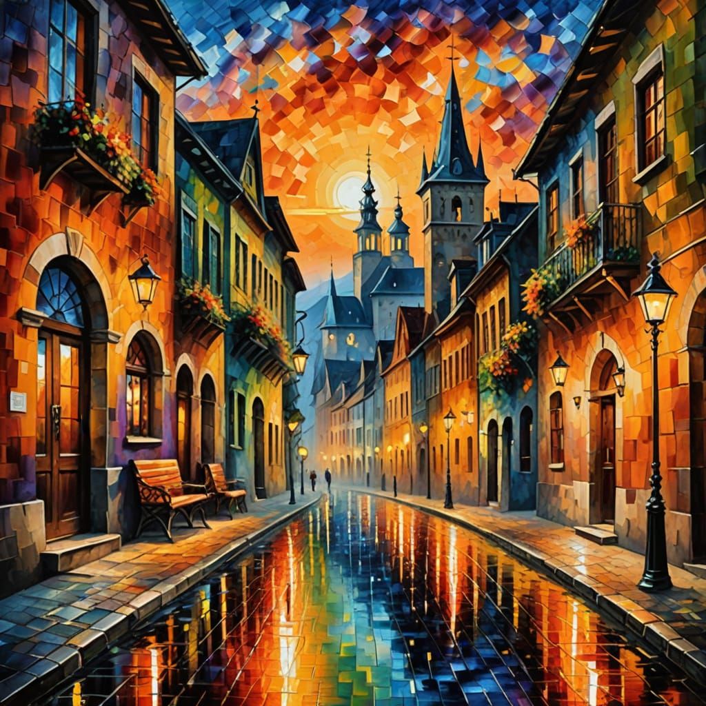 Medieval City Street at Sunset in Impressionistic Style