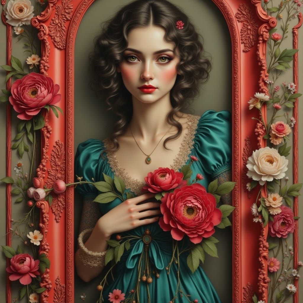 Woman in Red Frame with Red Peonies, Classical Portrait Styl...