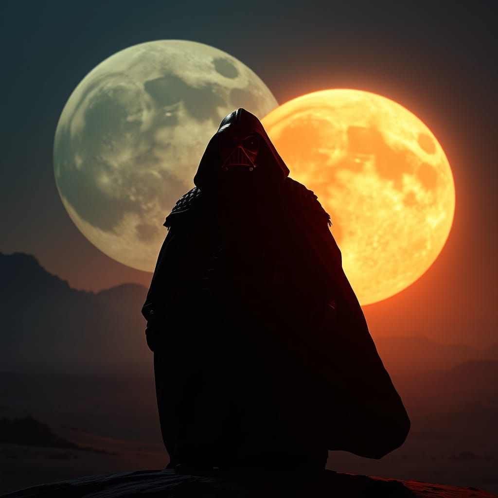 Jabba the Hutt, clad in a shimmering robe, is silhouetted ag...