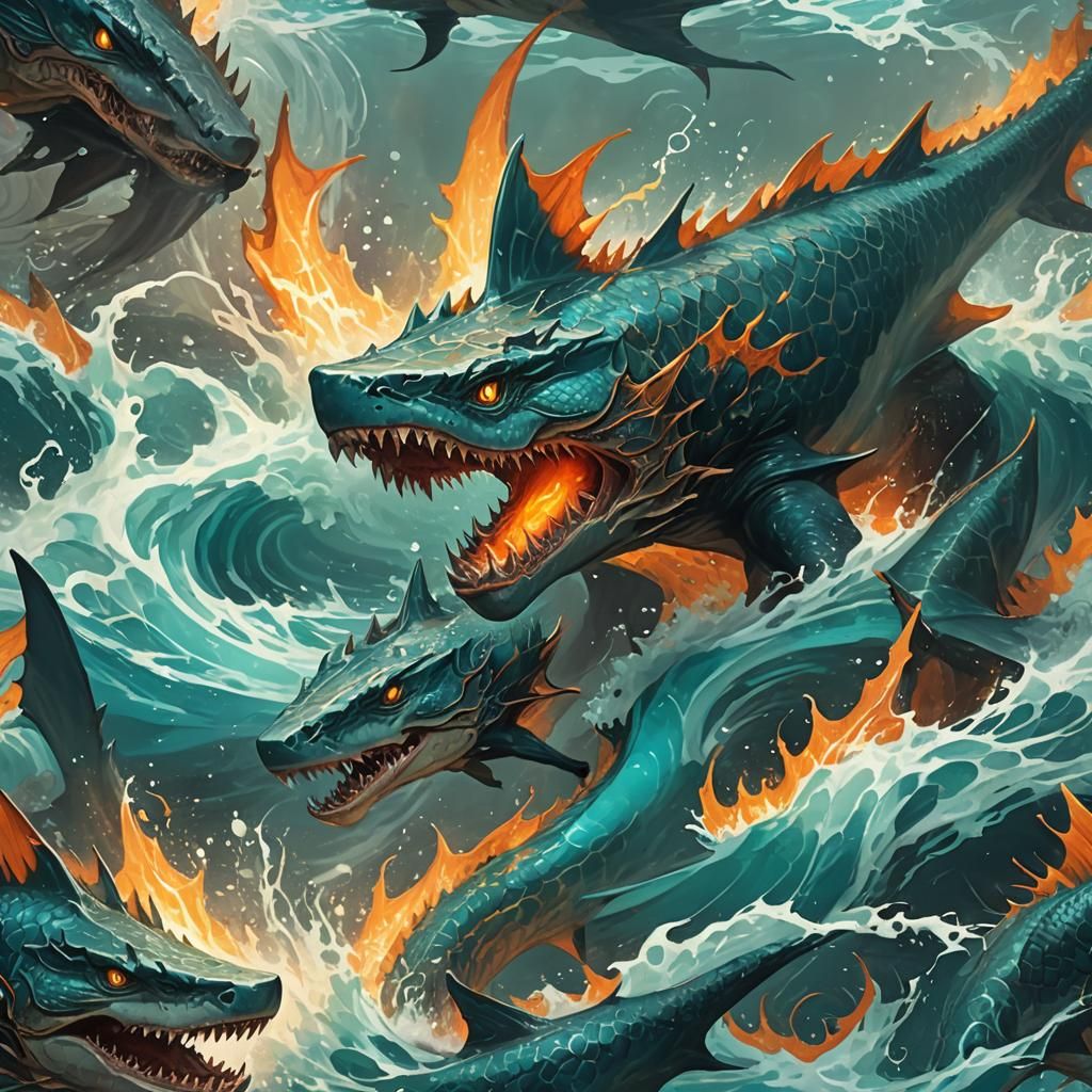 Dragon Shark Leaps from Ocean: Fantasy Concept Art