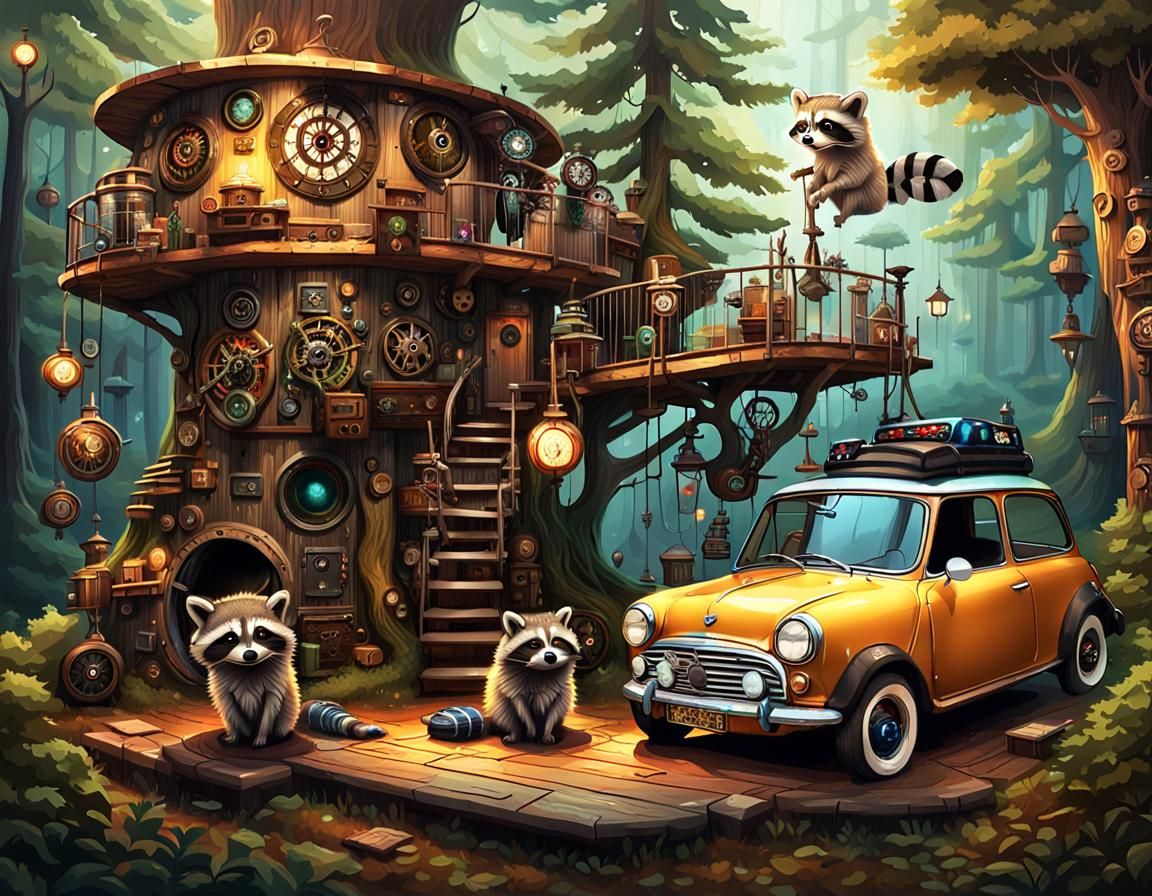 Raccoons Play Outside Steampunk Treehouse in Hyperrealistic ...