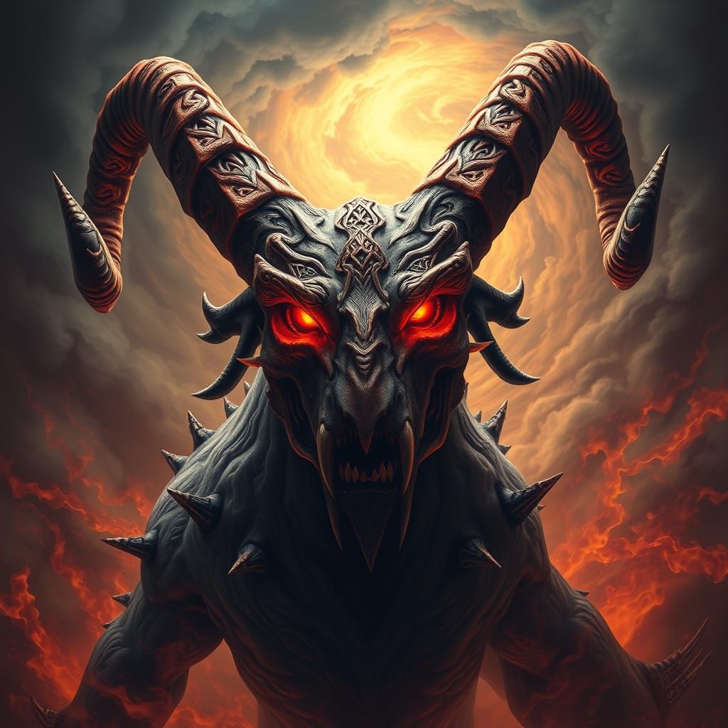 Ancient, Fiery Beast with Ram's Horns and Glowing Crimson Ey...