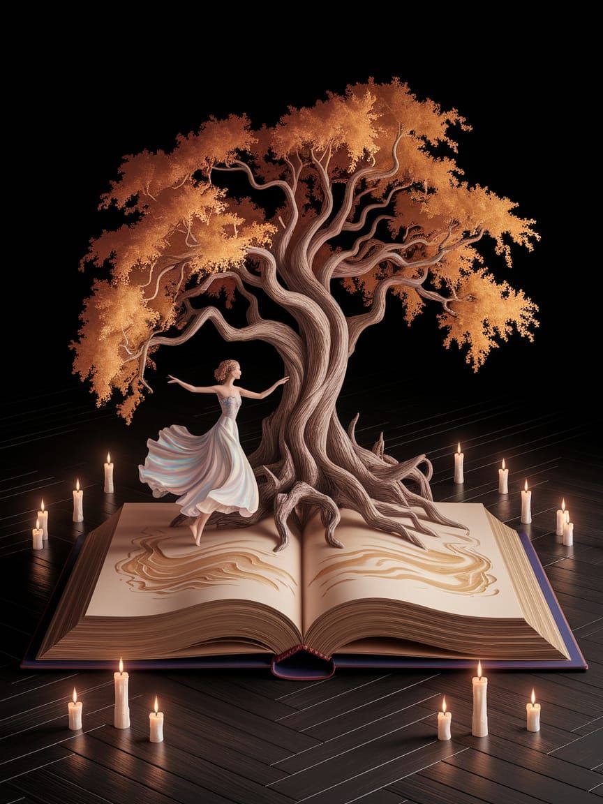 A life-sized fantasy pop-up book, its intricately cut pages aglow with warm, honey-like gold and amber hues, lies open o...