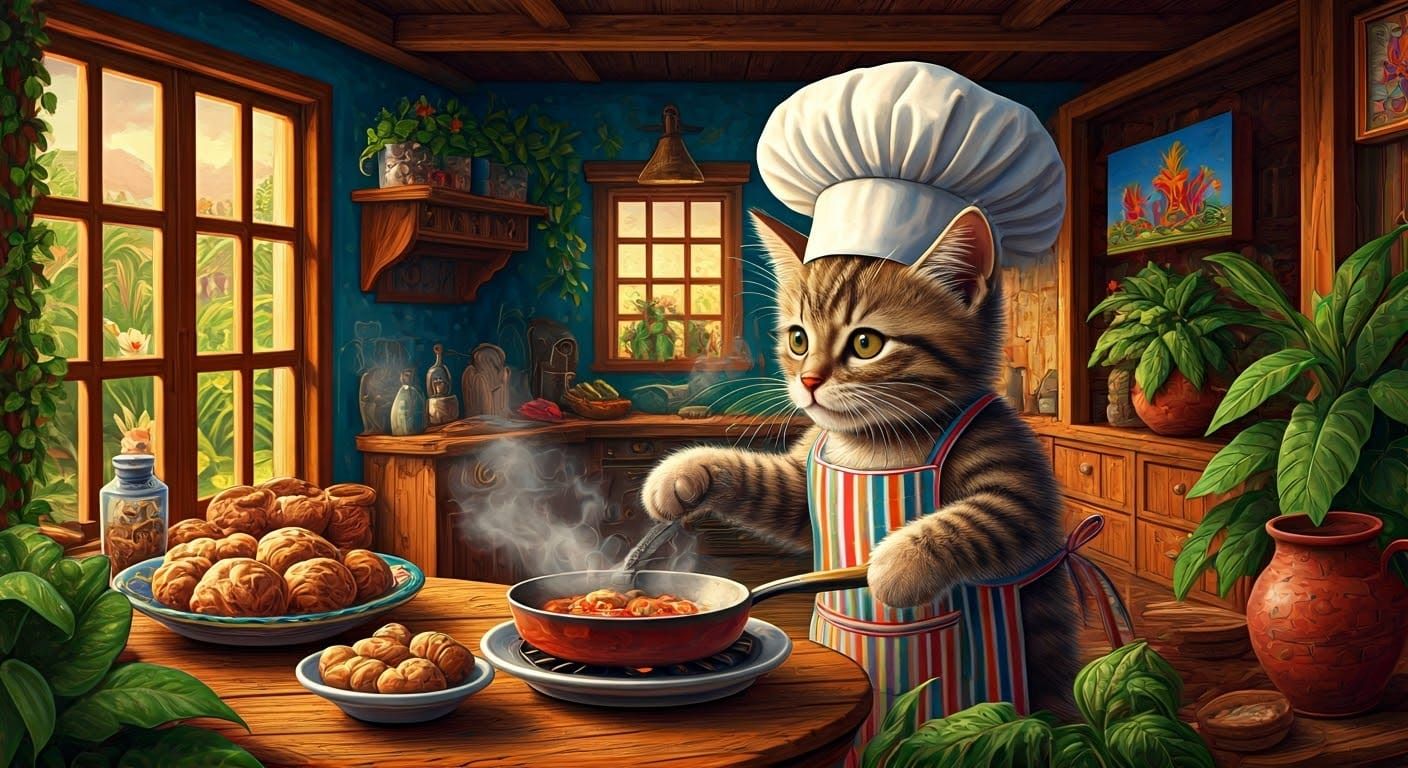 Kitten Chef Cooks Haitian Man in Folkloric Style