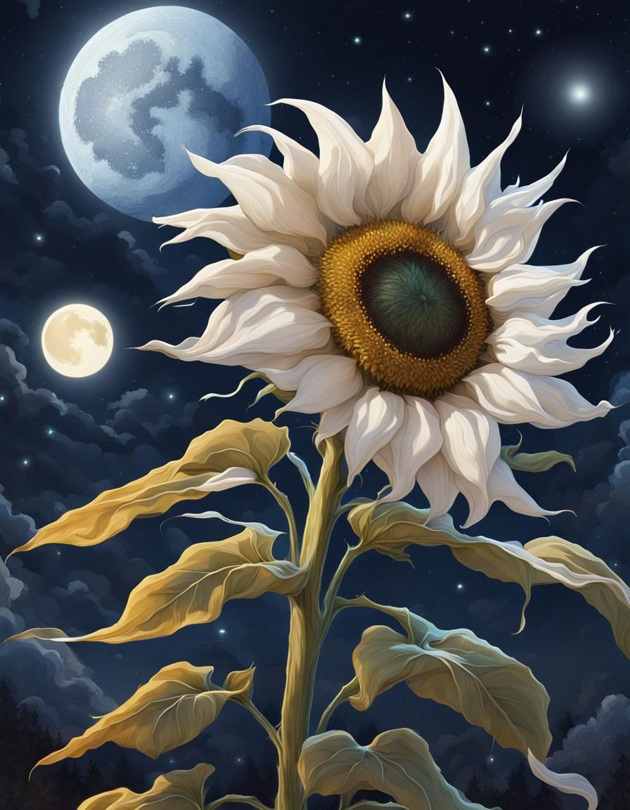 White Sunflower at Night: Detailed Gouache Art