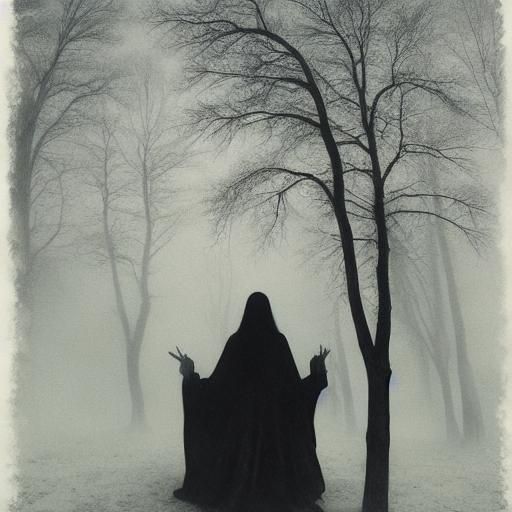 Monochrome Winter Witch in Eerie Landscape