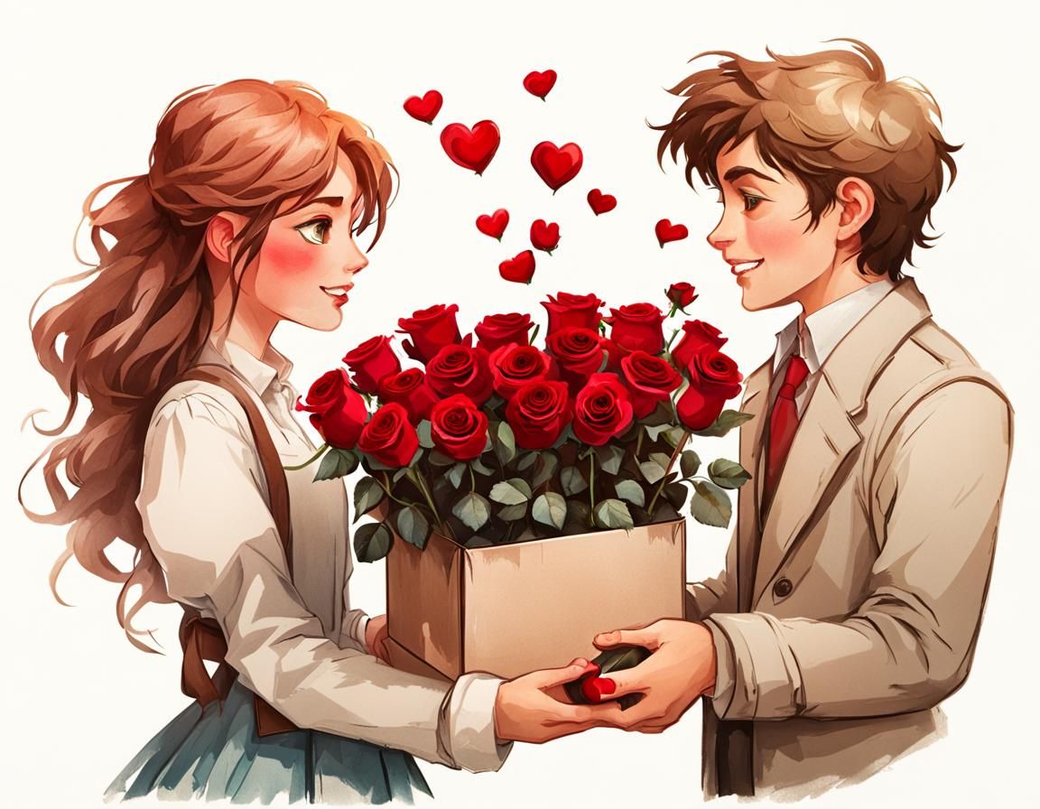 Romantic Boy Giving Chocolates and Roses: Digital Art