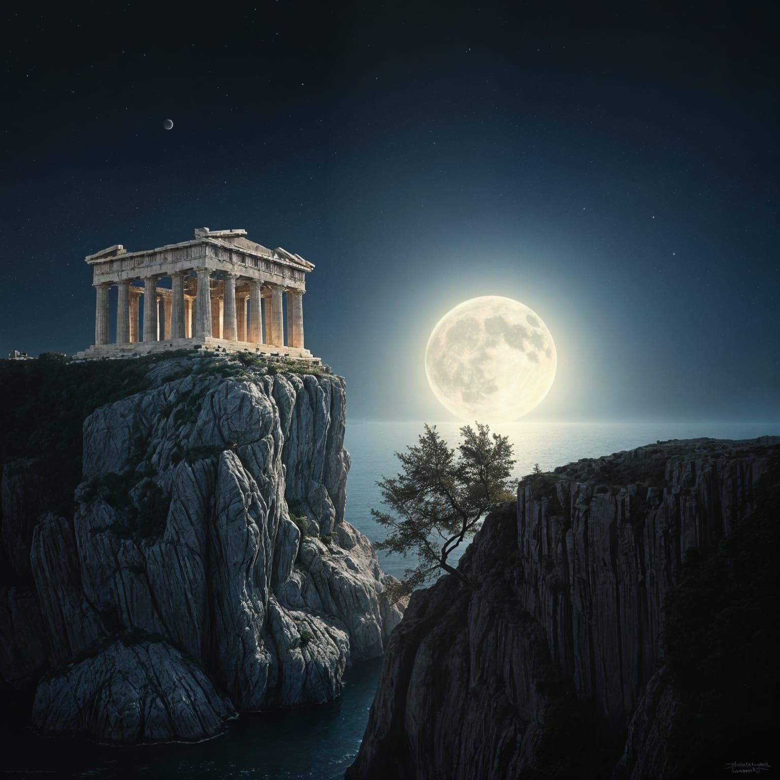 Moonlit Temple on Cliff in Romantic Style