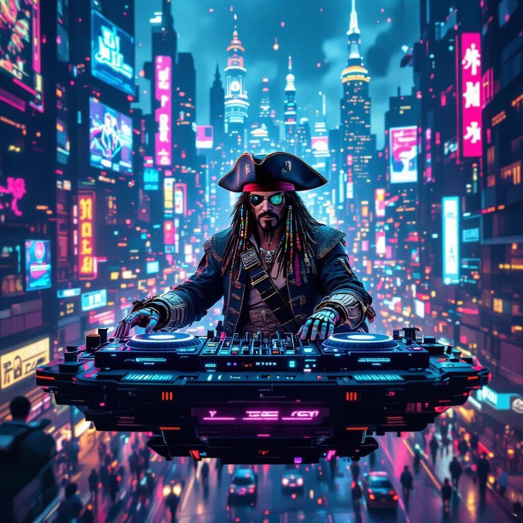 A futuristic pirate ship DJ booth hovers above a sprawling cyberpunk metropolis, pulsating with neon lights and holograp...
