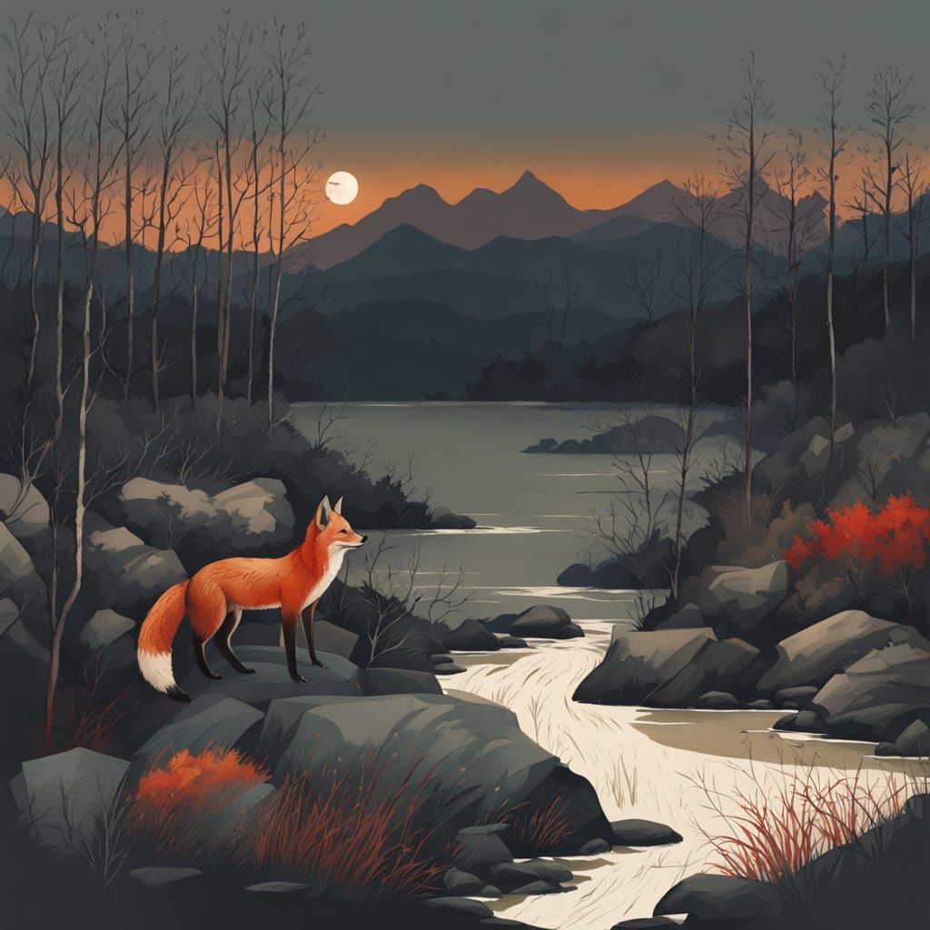 Japanese Ink Painting of a Fox Crossing a River