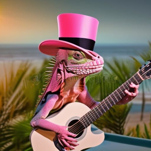 Pink Iguana Plays Guitar at Sunset, 4K Photo