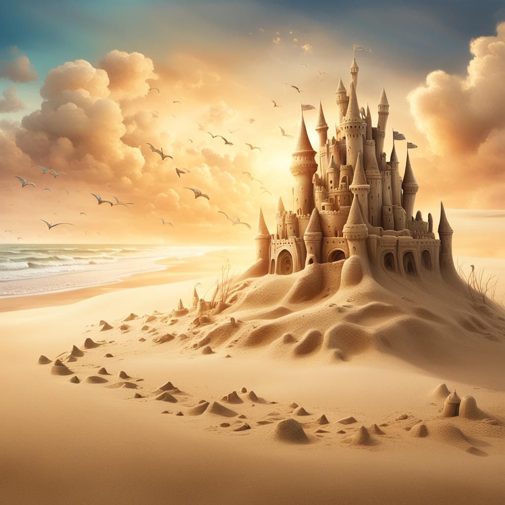 Intricate Sandcastle on Deserted Beach: Concept Art