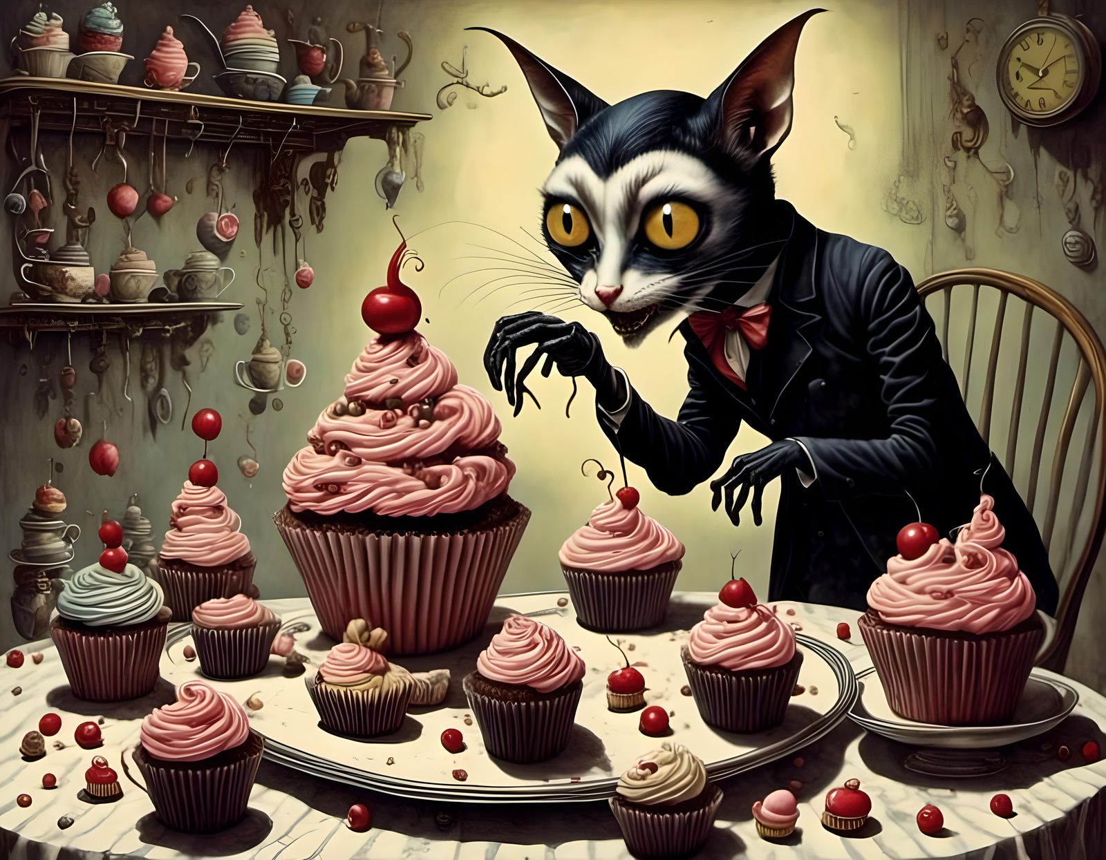 Nosferatu Cat Creeps Toward Cupcakes in Surreal Style
