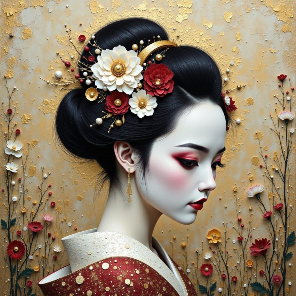 Geisha Portrait with Painterly and Pulp Art Textures