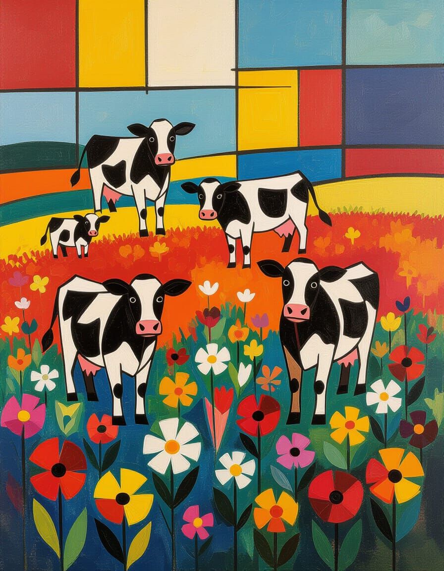 Flying Cows in Vibrant Field, Geometric Cubic Art