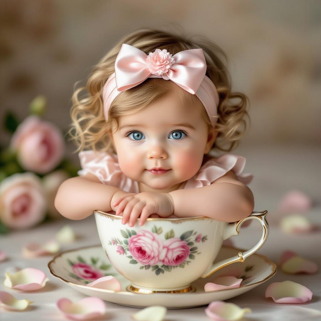 Baby Girl in Vintage Teacup with Roses: Ultra-Realistic Phot...