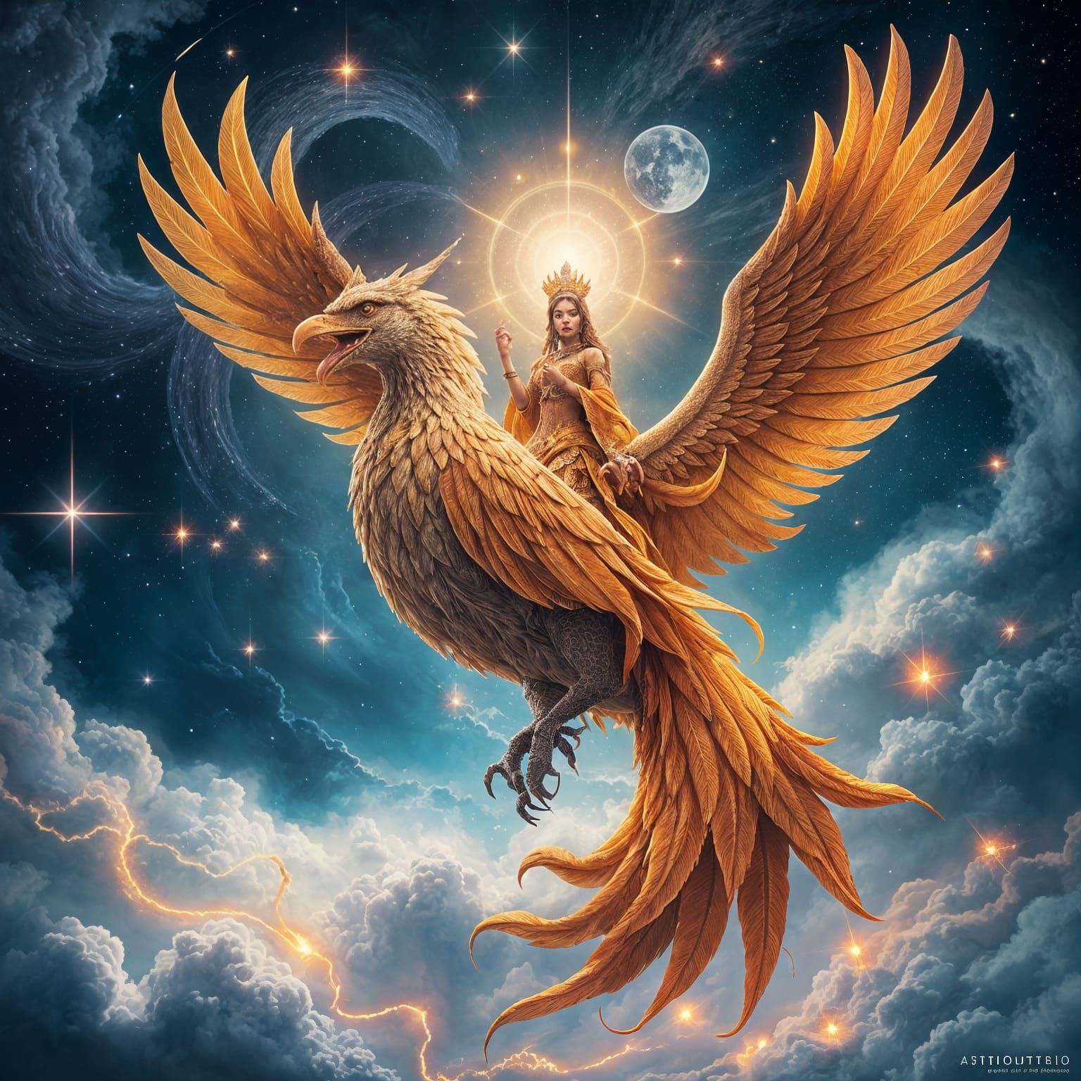 Goddess Rides Celestial Phoenix Across Starry Expanse in Dre...