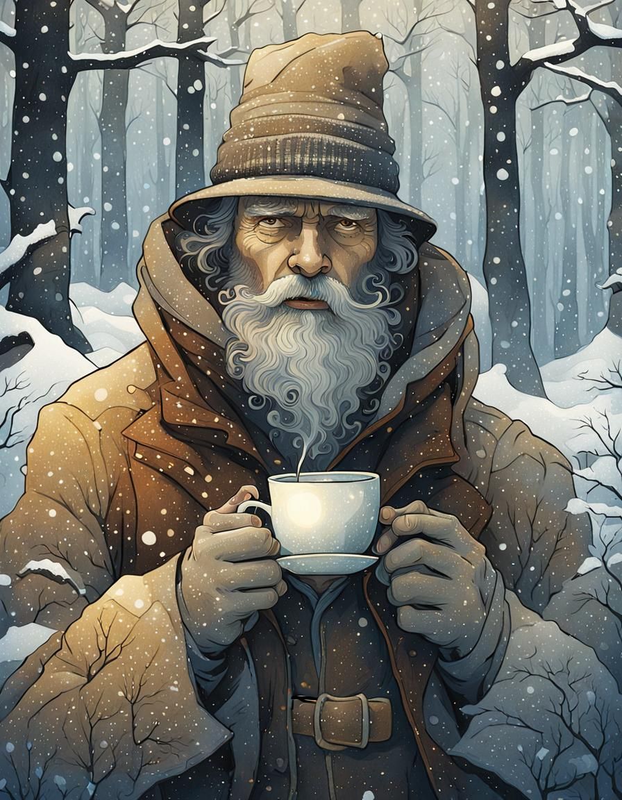 Man Enjoying Coffee in Snowy Forest, Whimsical Winter Scene