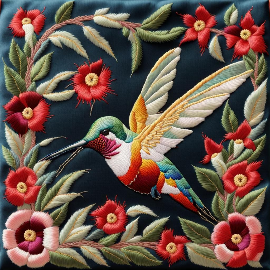 "Embroidery artwork, garden of delights, Ruby Red throated humming bird, inspired by Richard Saja and Ana Teresa Barboza...