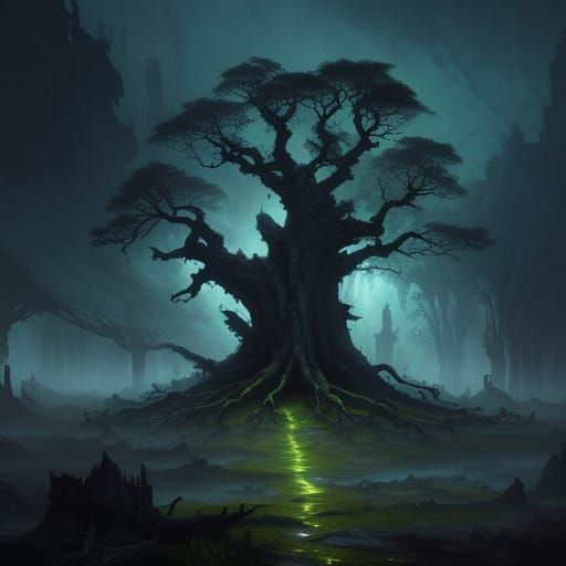 Ancient Tree in Nebula Sky: Dark Fantasy Concept Art