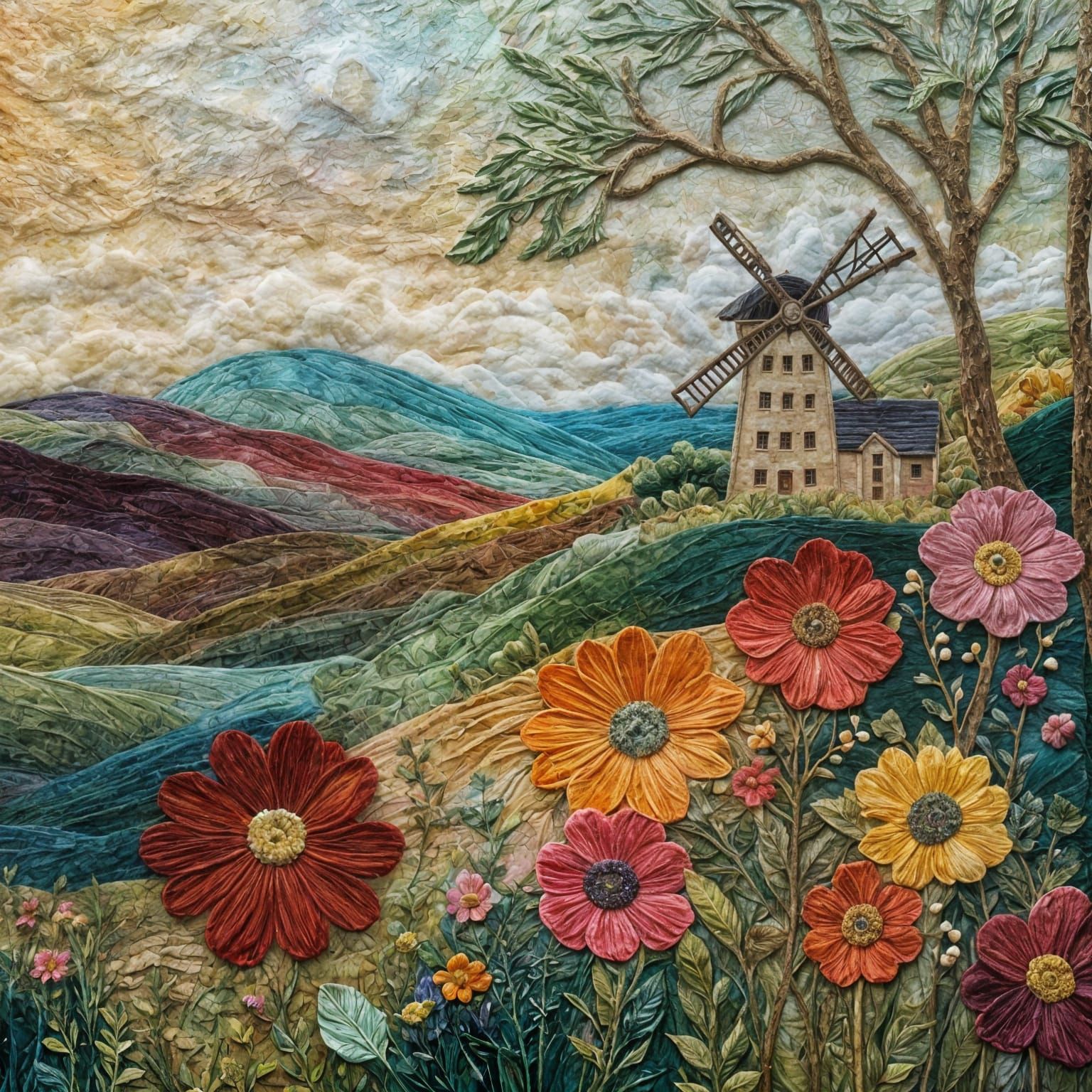 Textile Collage Art of a Lush Landscape
