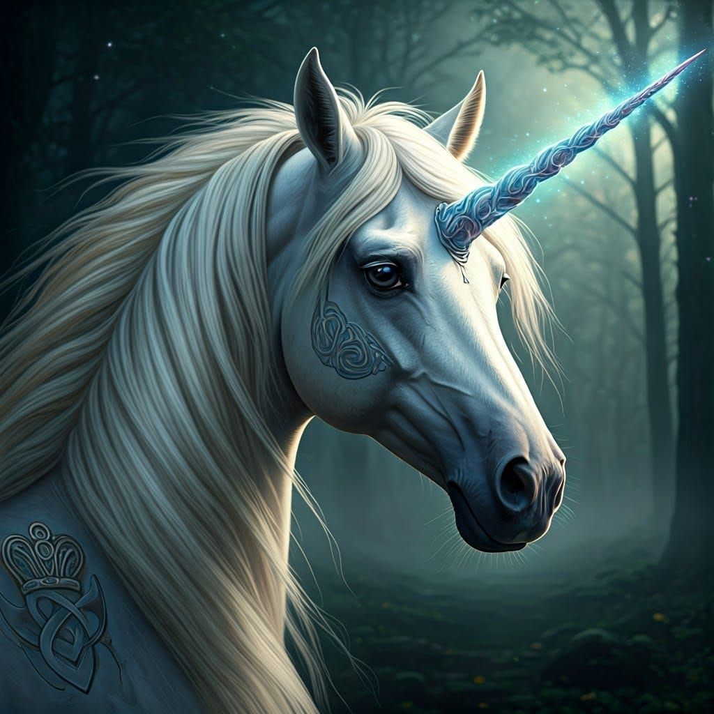 Celtic Unicorn Portrait in Hyperrealistic Style