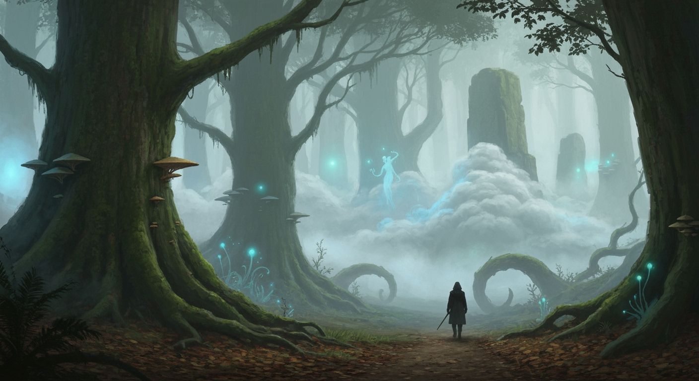 Enchanted Forest Path in Ethereal Mist