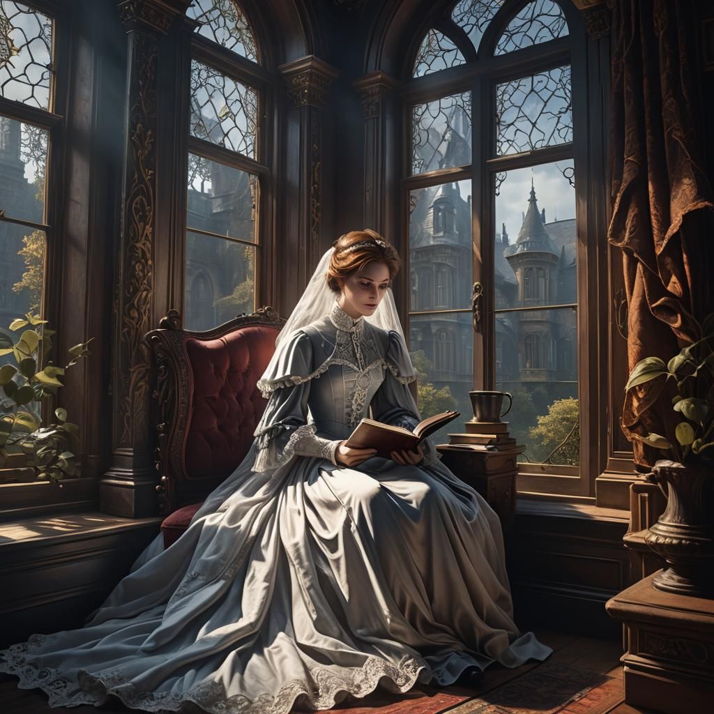 Victorian Ghost Reading a Book: Fantasy Art