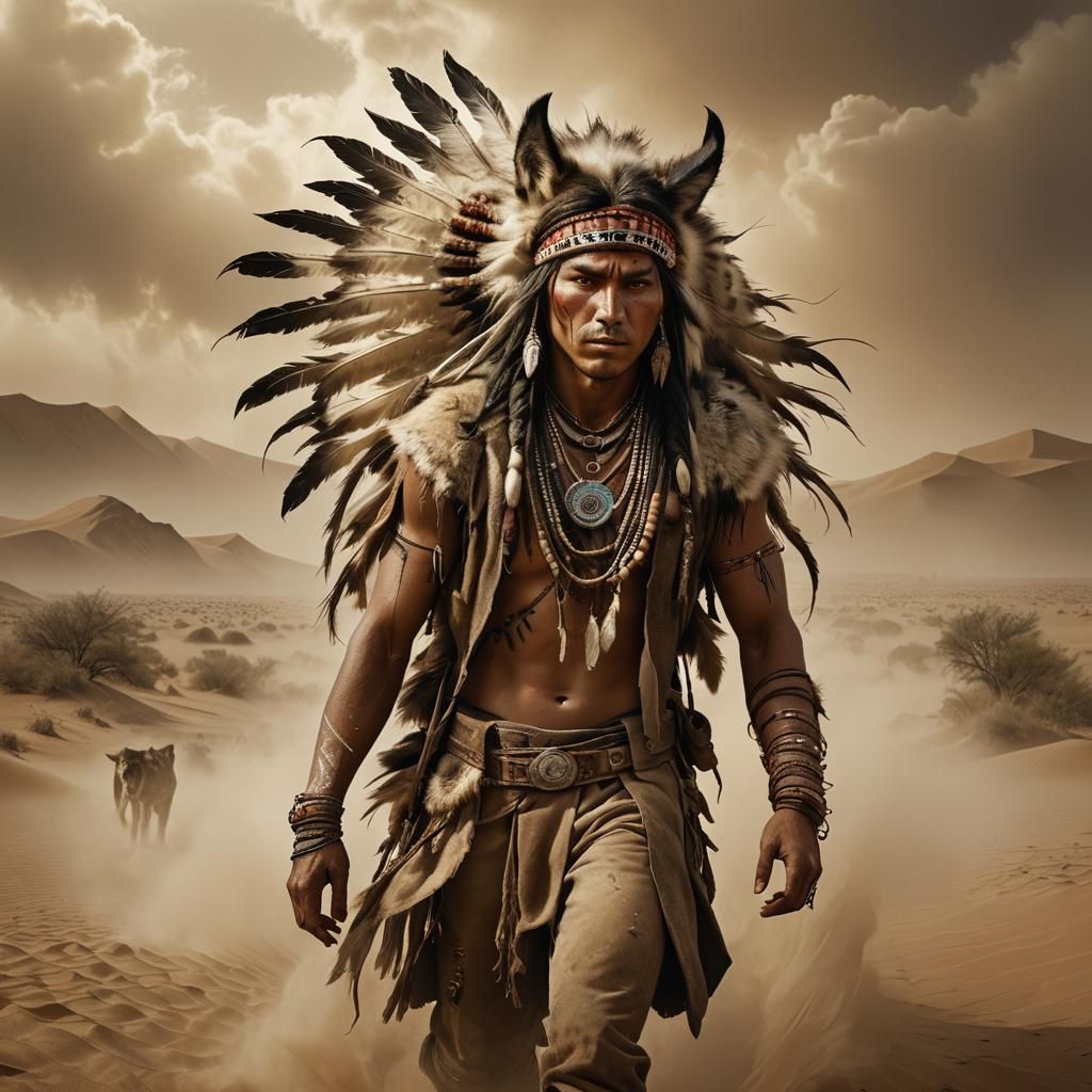 Native American Wolf-Man in Sandstorm: Digital Painting