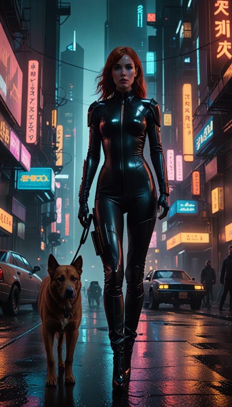 A 25 year old woman with long red hair, wearing a latex catsuit and high heels, walks down the street. Her dog, wearing ...