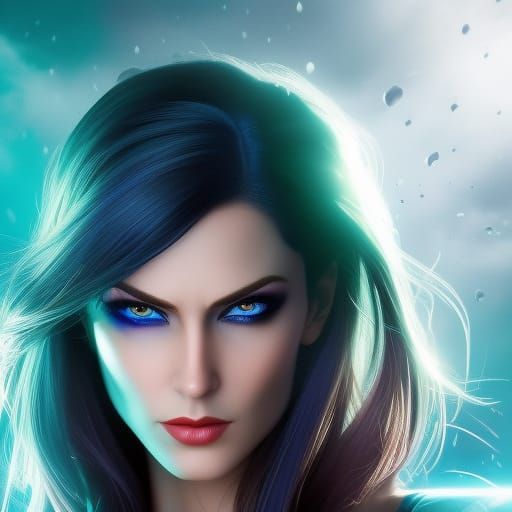Stunning Female Superhero with Blue Eyes in Splash Art