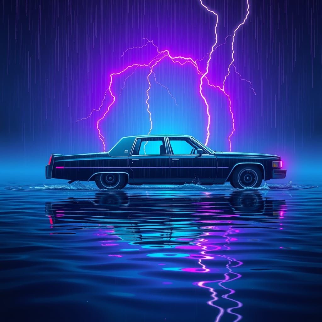 Teal to Purple Cadillac in Dark Cinematic Style