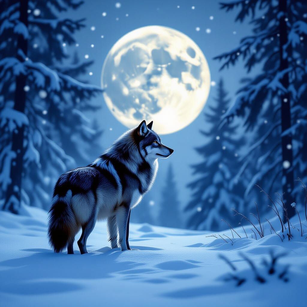 Lone Wolf in Snowy Forest, Mystical Undertones