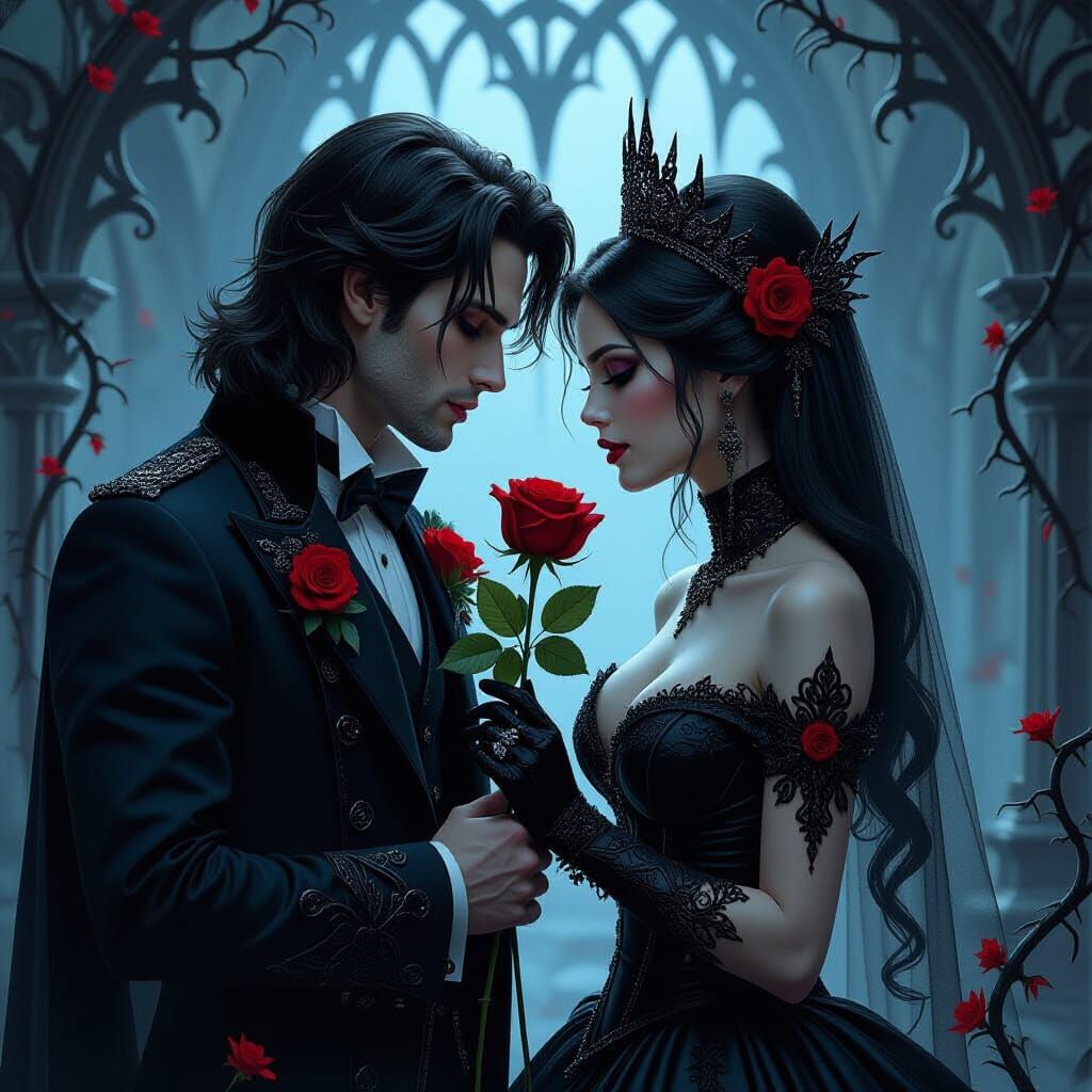 Gothic Couple Exchanging Rose in Dark Fantasy Style