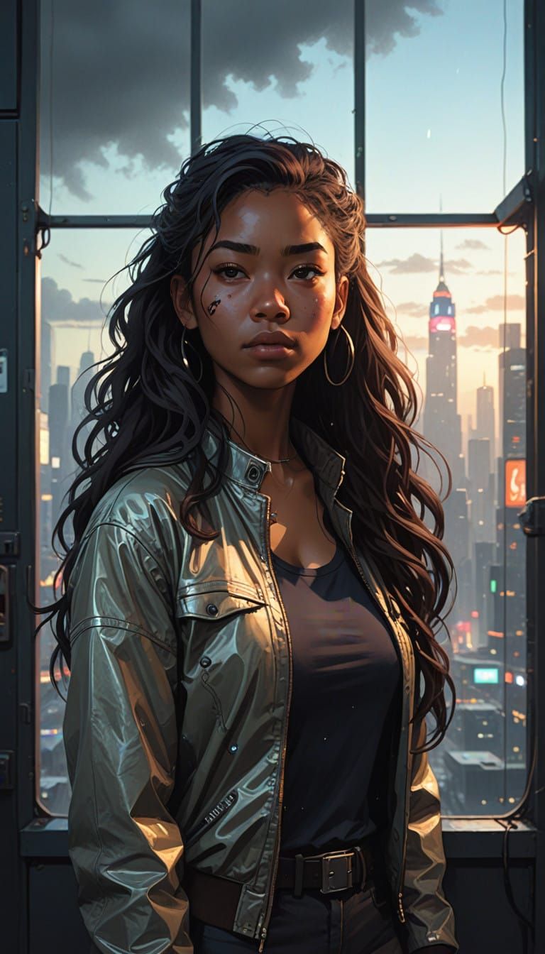 Blasian Hero Contemplates Vibrant Cityscape