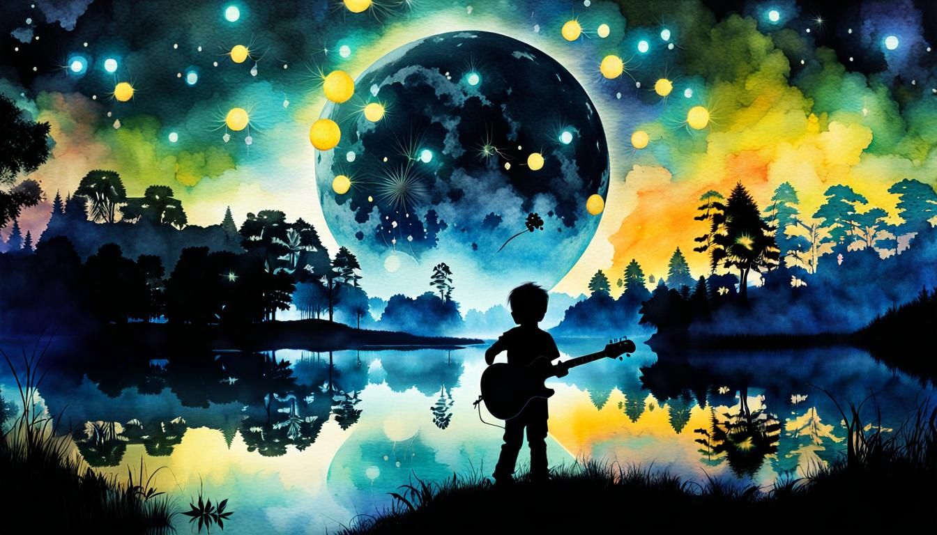 Silhouette Fantasy: Boy with Guitar in Watercolor