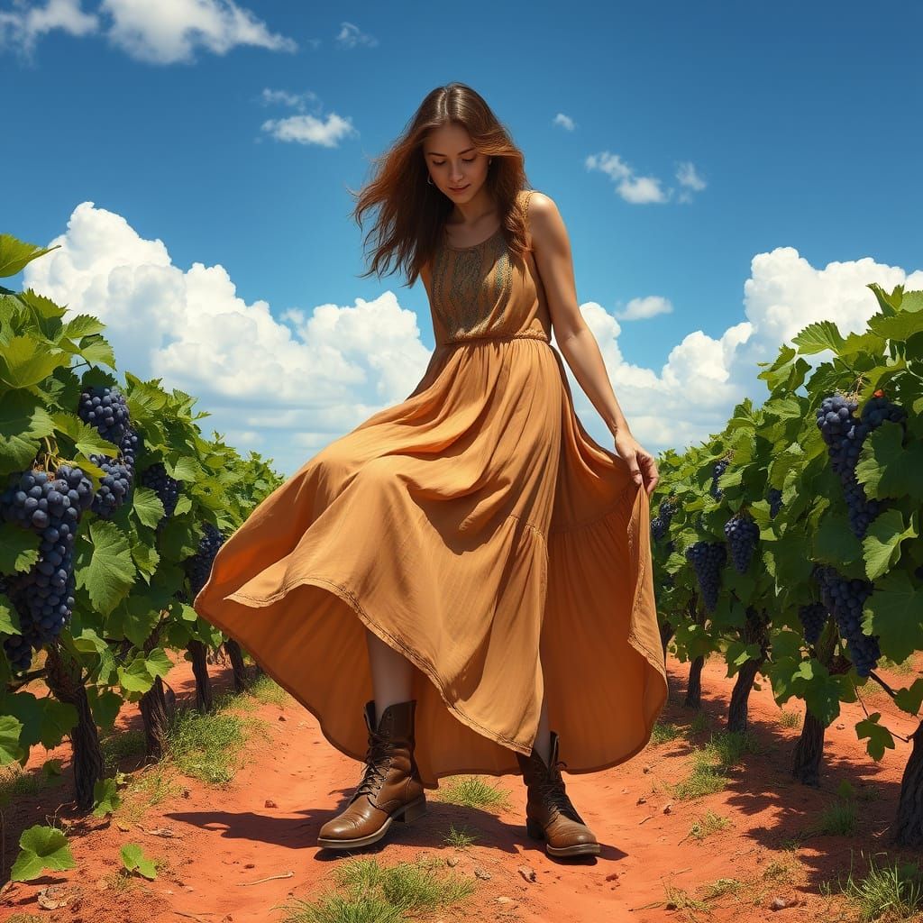 Woman Stomping Grapes in Sun-Drenched Vineyard