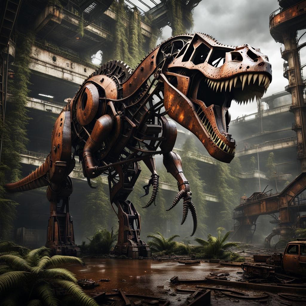 Apocalyptic Rusted T-Rex Mechanical Sculpture in Ruined City