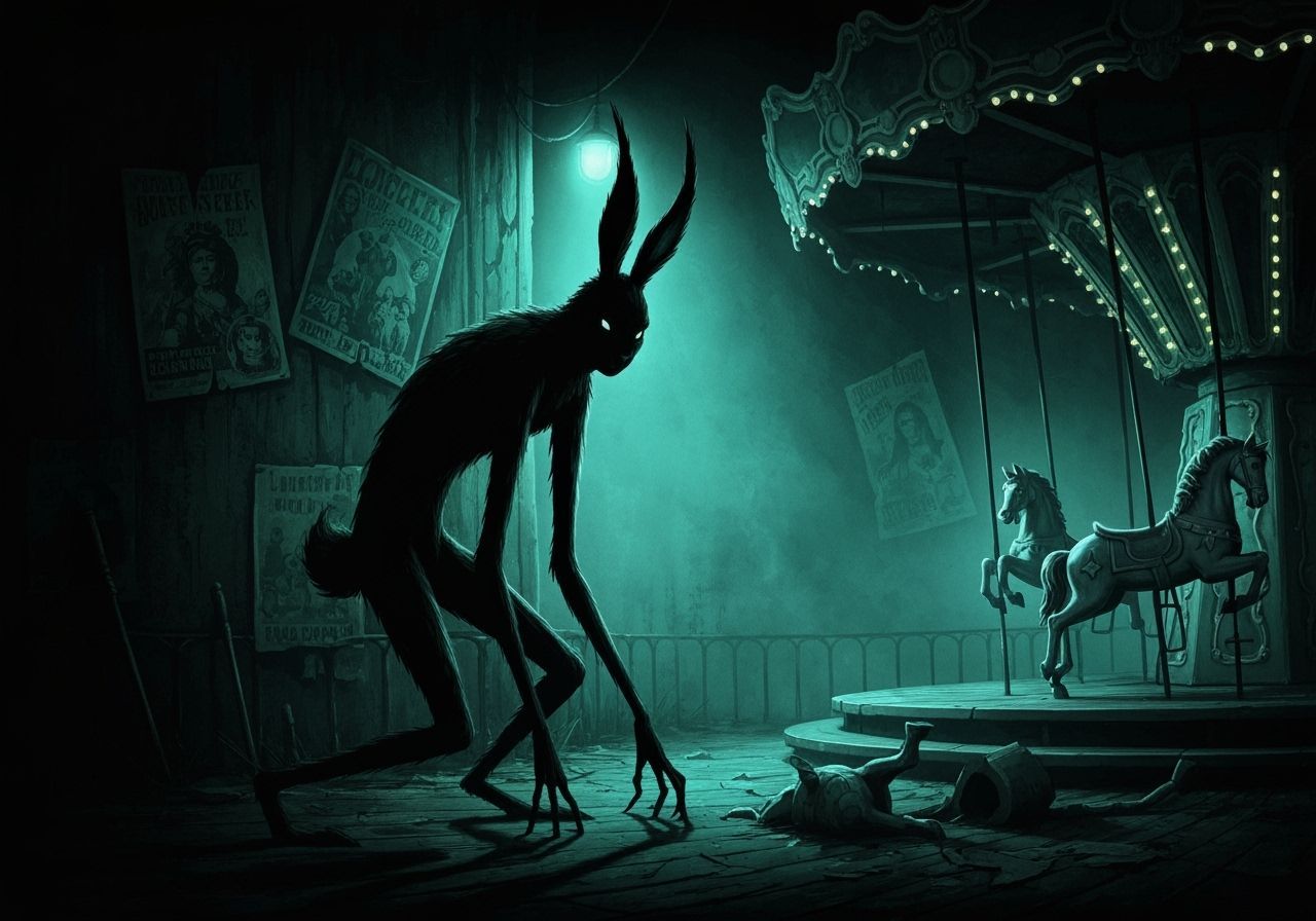 Sinister Shadow Rabbit Haunts Abandoned Carnival