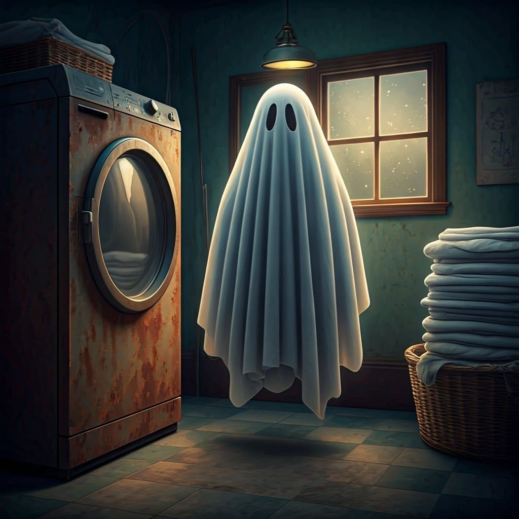 Ethereal Ghost Folds Laundry in Dreamy Scene
