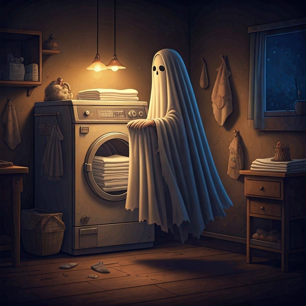 Ethereal Ghost Folds Laundry in Dreamlike Setting