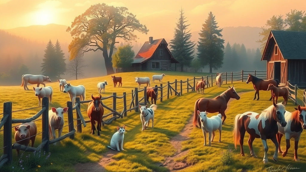 Idyllic Farm Scene with Animals in Hyperrealistic Style