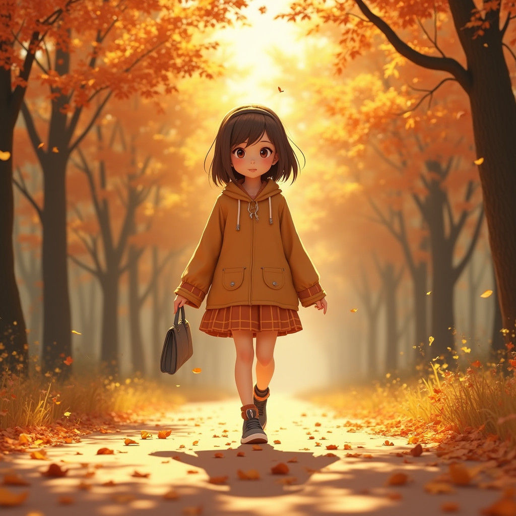Girl Walking on Autumn Path in 3D Anime Style