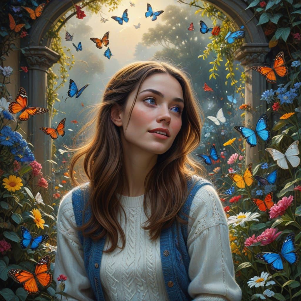 Woman in Whimsical Garden: Detailed Matte Painting