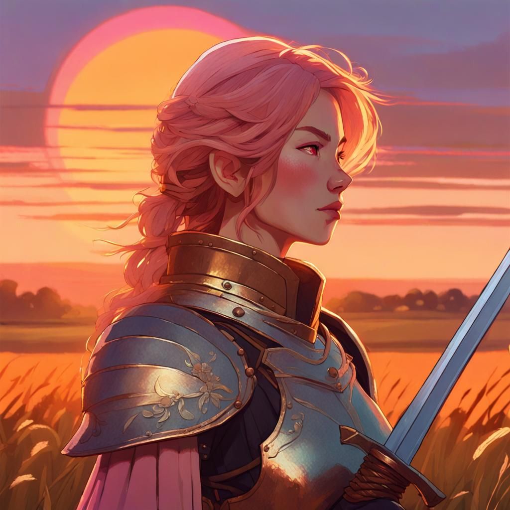 Woman with Sword in Field, Anime-Inspired Style