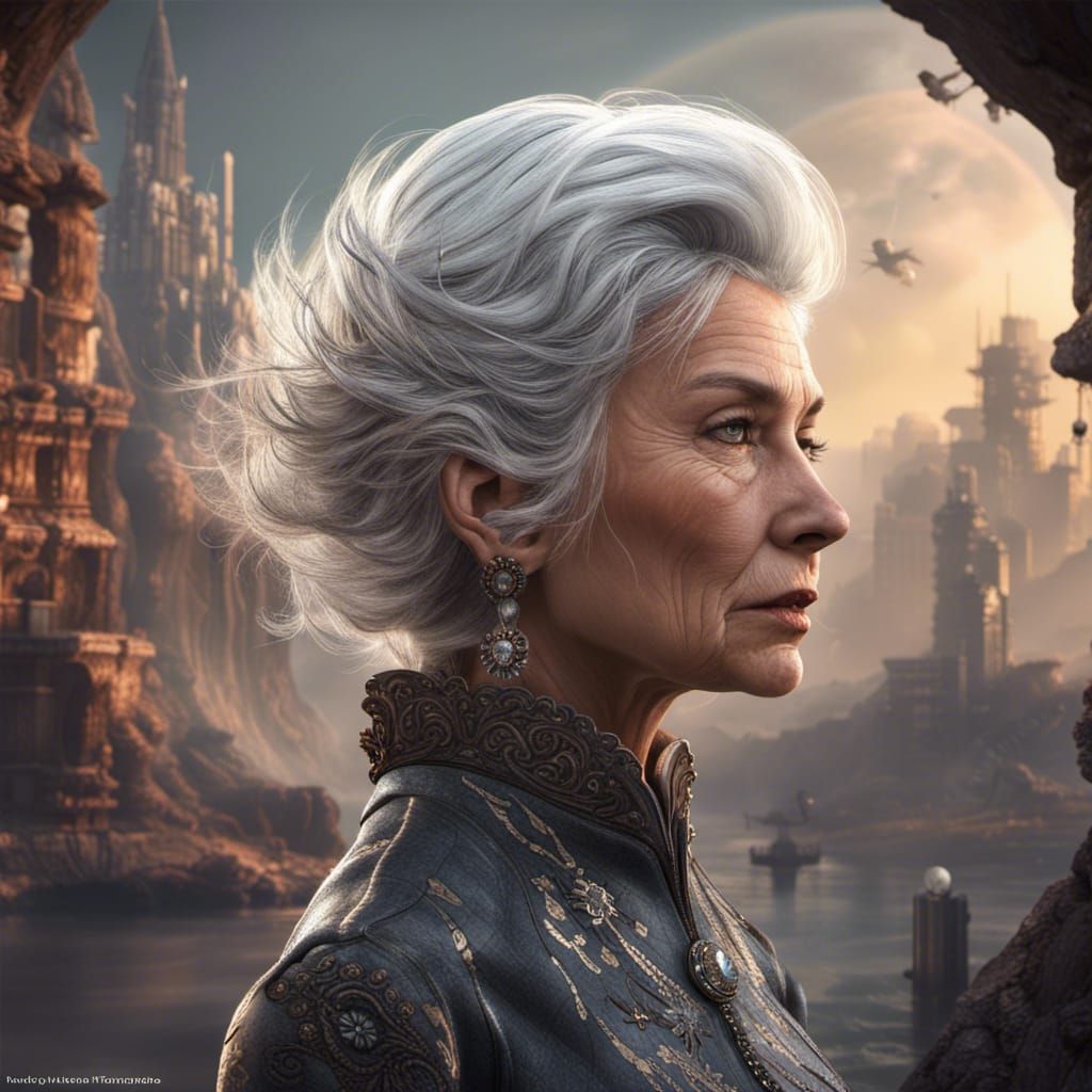 Detailed Matte Painting of Woman with Gray Hair
